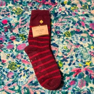 NWT Kate Spade Maroon and Pink Striped Socks anti-slip grippers, gold spade logo